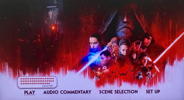 The menu screen of the Bluray of Star Wars: The Last Jedi